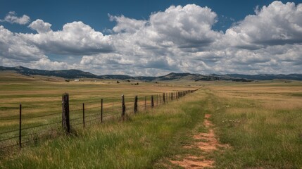 Obraz premium Expansive Farm Landscape with Stretching Fence Under Dramatic Sky and Open Fields