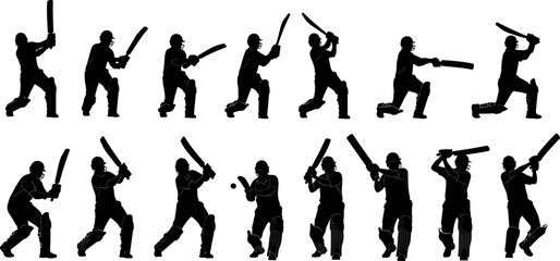 Cricket batsman silhouettes set, professional batting action poses and shot techniques, sports performance movement collection, black vector illustration isolated on white background