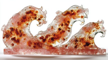 Reddish-Brown Glass Wave Sculpture on Rectangular Base Against White Seamless Background Close-Up Studio Shot Displaying Intricate Patterns and Textures Decorative Abstract Art