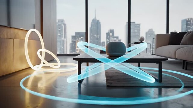 Modern living room with futuristic glowing light orbs and city view