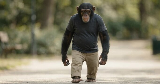 Chimpanzee walking on pavement outdoors daytime