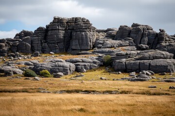 Rugged Limestone Pavement Landscape with Golden Grass Under Cloudy Sky in Burren National Park Ireland