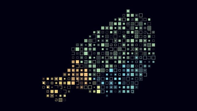 Niger animated country shape. Pulsating colored dots on the map of the country. Large size square blocks. Digital style Niger map on dark background. Abstract animation video.