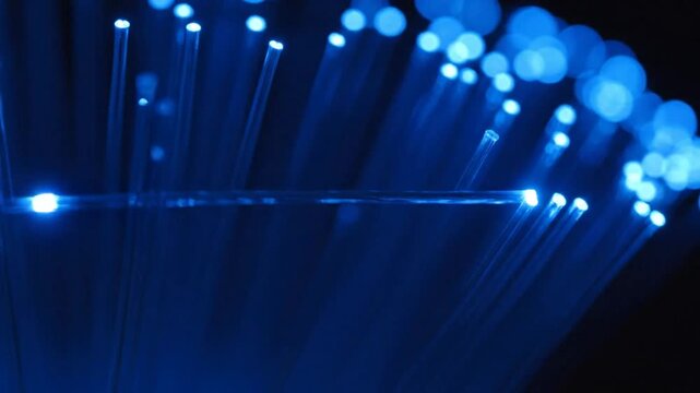 Glowing blue fiber optic cables with illuminated tips against a dark background.