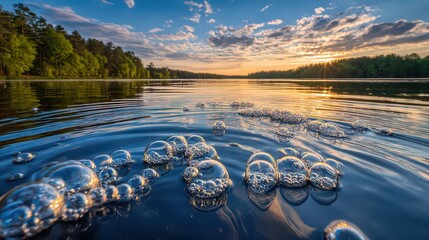 Scenic Sunset Reflection on Calm Lake with Bubbles in Foreground and Forest Background Under Cloudy Sky