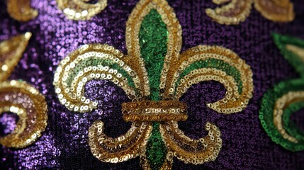 Sequined Fleur De Lis Emblem on Purple Fabric Background Closeup