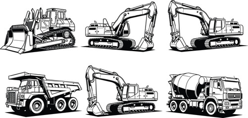 Black and white construction machinery collection featuring bulldozer excavators dump truck cement mixer vector illustration heavy equipment set © Afsana Creatives