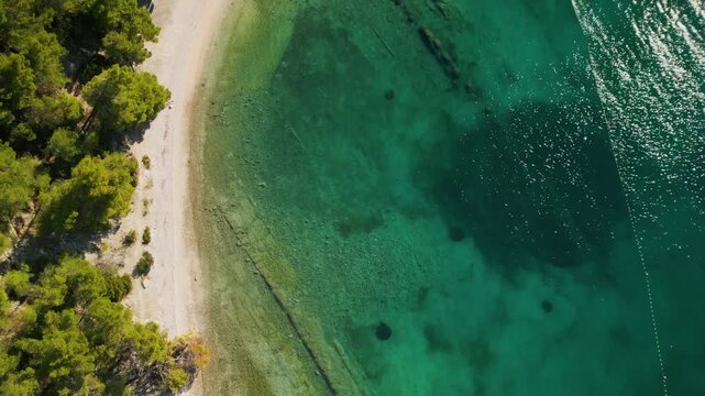 Top down aerial 4K view of a sandy beach and turquoise Adriatic sea in Marjan Park, Split
