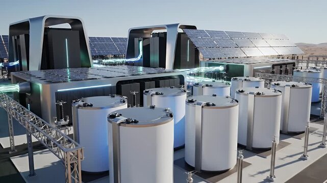 Futuristic energy facility with solar panels, battery storage, and glowing energy conduits