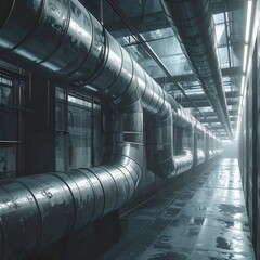 Industrial corridor with massive pipes, a damp floor, and a bright end