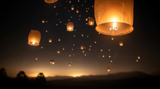 Enchanting Night Sky Illuminated by Numerous Floating Lanterns During a Festival Celebration.