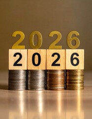 Metallic digits above wooden blocks, stacked on coin columns, display 2026