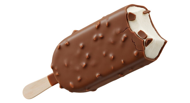 A close-up view of a partially eaten ice cream bar with chocolate coating and nuts