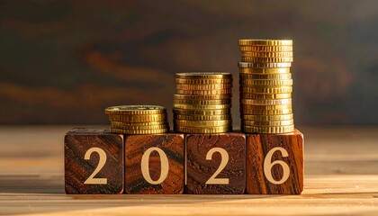 Stacks of coins on wooden cubes with the year 2026