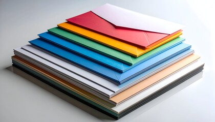 Stack of colorful stationery, envelopes, and paper on a reflective surface