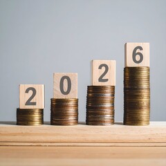 Stacks of coins topped with wooden blocks showing year 2026