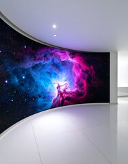 A curved wall displays a nebula in a white, modern interior space