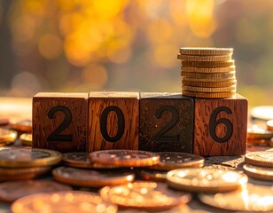 Wooden blocks spelling "2026" with stacked coins, surrounded by coins, bokeh
