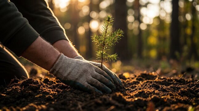 Hands planting a small tree seedling in a forest during golden hour sunlight.
