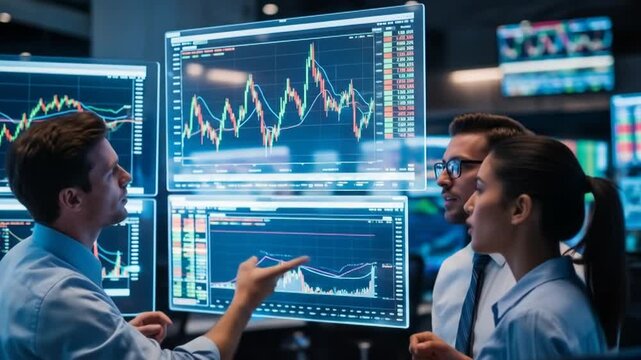 Financial Analysts Collaborating on Stock Market Data in a Modern Office.
