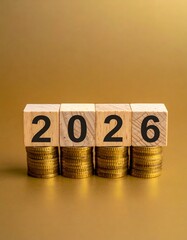 Wooden blocks spelling "2026" atop coin stacks against golden background