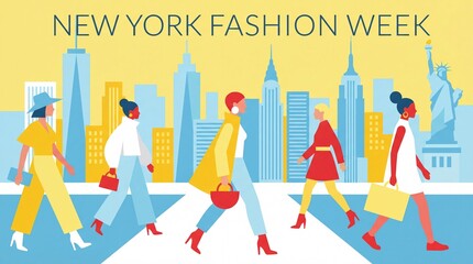 Stylish women walking on a city crosswalk during New York Fashion Week with a skyline background.