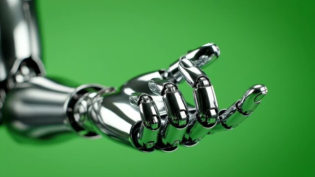 Gleaming chrome robot hand extends forward against a vibrant green background