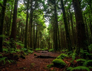 A dense forest path, flanked by tall trees, with dappled sunlight