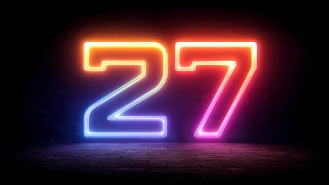 Vibrant neon number 27 glowing brightly in dark room