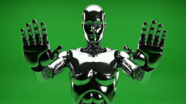 Polished humanoid robot with hands raised against a vibrant green background