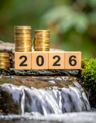 2026 wooden blocks with rising coin stacks near a waterfall