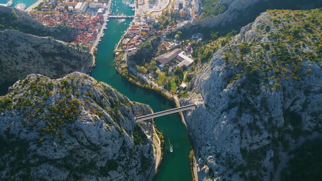  Cetina river Canyon and x ,  Omis town, Croatia - vertical aerial drone view	
