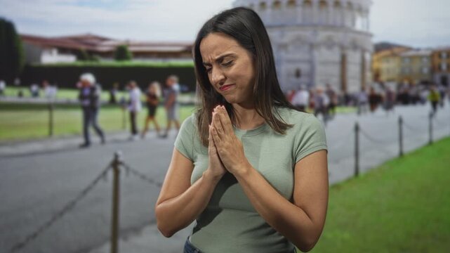 Woman presses hands together near face in front of historic building and leaning tower landmark amid tourist crowd; regret apology.