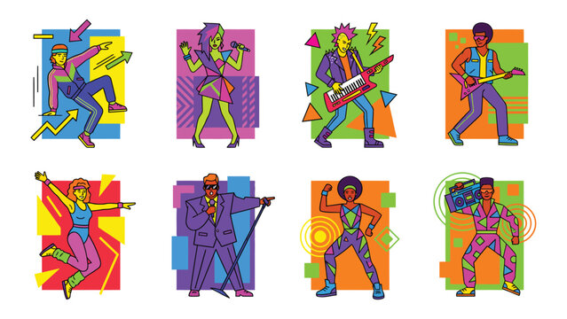 Retro 80s Pop Stars and Band Members Performing Live Music Concerts with Vibrant Colorful Abstract Backgrounds Vector Art
