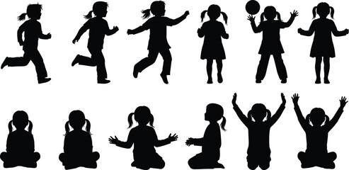 Collection of children silhouettes running, playing with ball, clapping, sitting, and raising hands in joyful poses, showing active lifestyle, creativity, learning,  © Salman