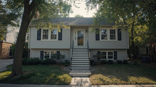 Classic split-level house in American suburbs, real estate