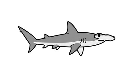 Fototapeta premium A cartoon illustration of a hammerhead shark swimming, depicted with gray and white colors, showcasing its distinctive head shape and fins