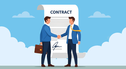 Two businessmen, one holding a briefcase, finalize a successful agreement with a firm handshake standing before a colossal signed contract scroll set against a vibrant blue sky with soft white clouds