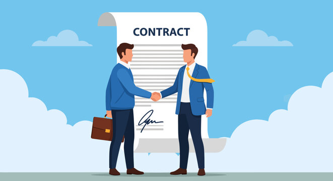 Two businessmen, one holding a briefcase, finalize a successful agreement with a firm handshake standing before a colossal signed contract scroll set against a vibrant blue sky with soft white clouds