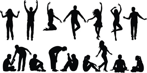 Collection of young people silhouette illustrations showing dancing, jumping, sitting, relaxing, and expressive body language in modern lifestyle, emotional, © Salman