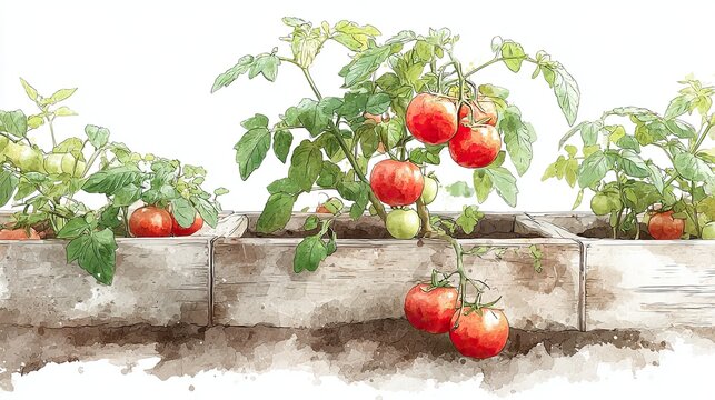 A watercolor illustration of vibrant red tomatoes growing on green vines in wooden planters, showcasing a fresh garden aesthetic.
