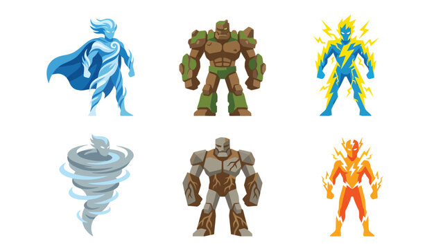 Diverse Elemental Superheroes and Creatures Fire Water Earth Air Lightning Tornado Ice Stone Magma Storm Unique Fantasy Character Design for Games and Comics