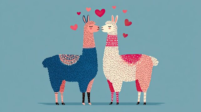 Two colorful llamas share a kiss surrounded by hearts, illustrating love and affection in a whimsical, charming style.