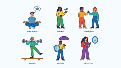 Naklejka premium Holistic Wellness Icons Mindfulness Growth Connection Balance Support Reflection Modern Flat Illustrations for Health and Self Care Concepts