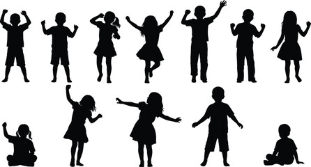 Set of happy children silhouettes dancing, jumping, and celebrating in playful poses, expressing joy, energy, and freedom
