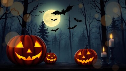 Spooky halloween night with carved pumpkins and bats flying in the moonlight