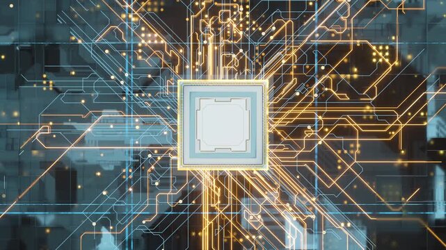 Futuristic animation showing microprocessor activating with glowing orange digital circuit lines and data flow through motherboard