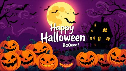 Happy halloween spooky night with carved pumpkins and haunted house under full moon