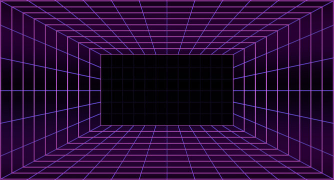 3d wireframe grid room, one-point perspective, vector illustration