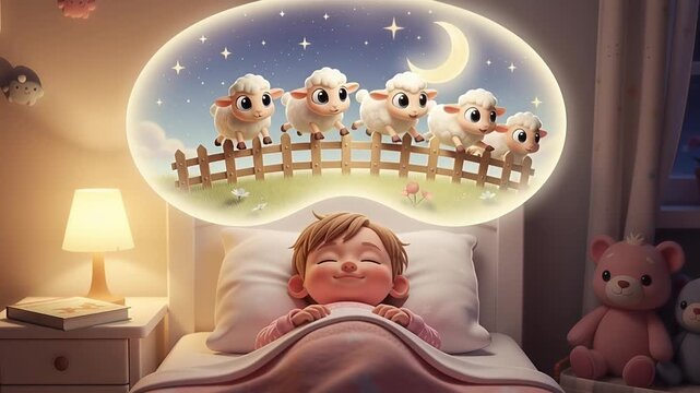 Cute Child Dreams of Counting Sheep for a Peaceful Nights Sleep in Cozy Bedroom.